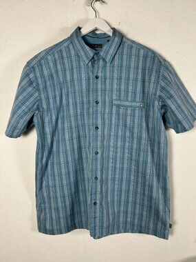 REI Mens Blue Plaid Short Sleeve Button-Up Shirt XL 100% Cotton Casual Pocket